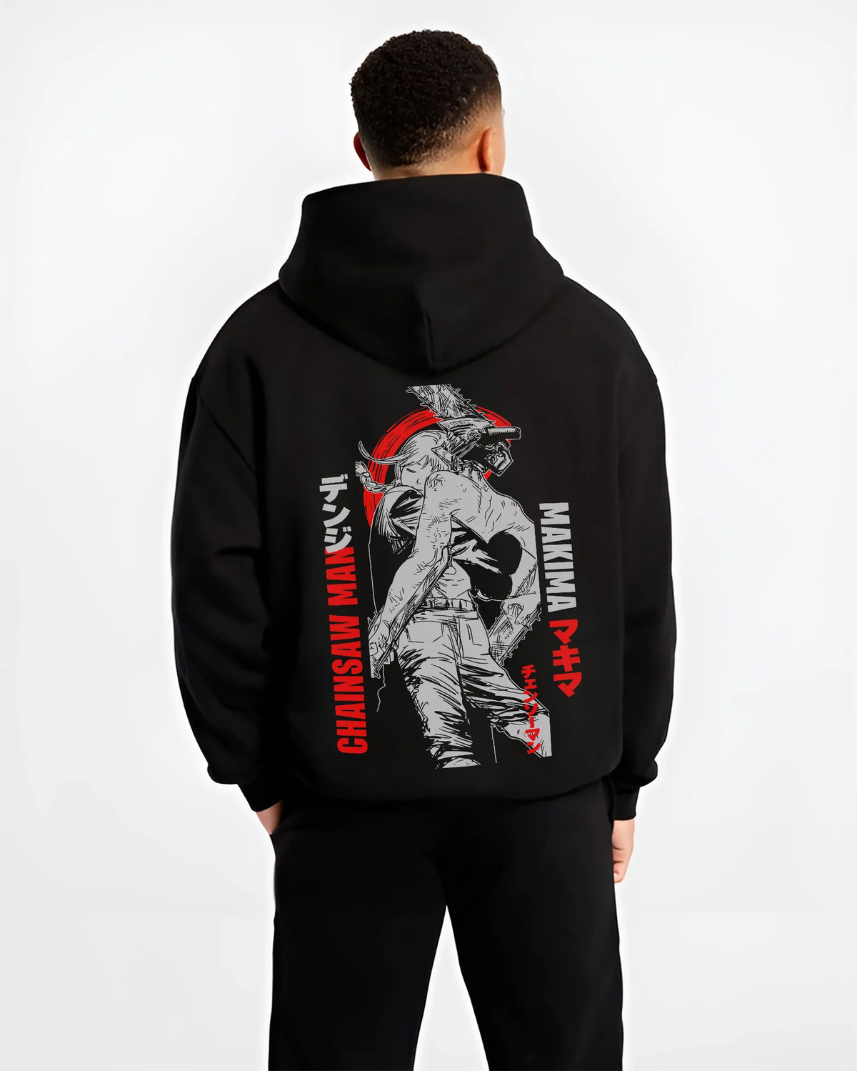 Black hoodie model back view showing Chainsaw Devil / Denji from Chainsaw Man: monochrome Makima reference poster