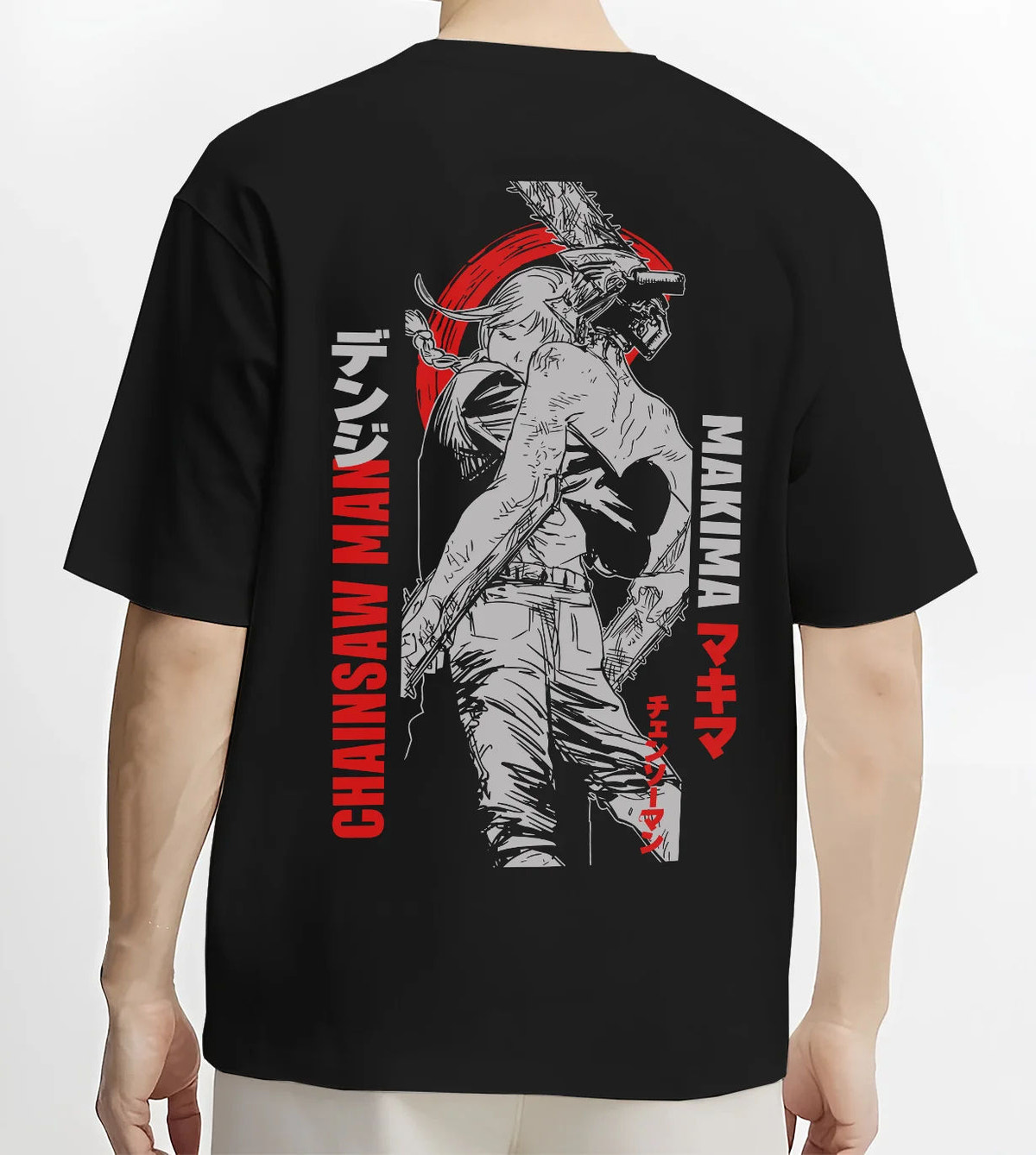 Black T-shirt model back view showing Chainsaw Devil / Denji from Chainsaw Man: monochrome Makima reference poster