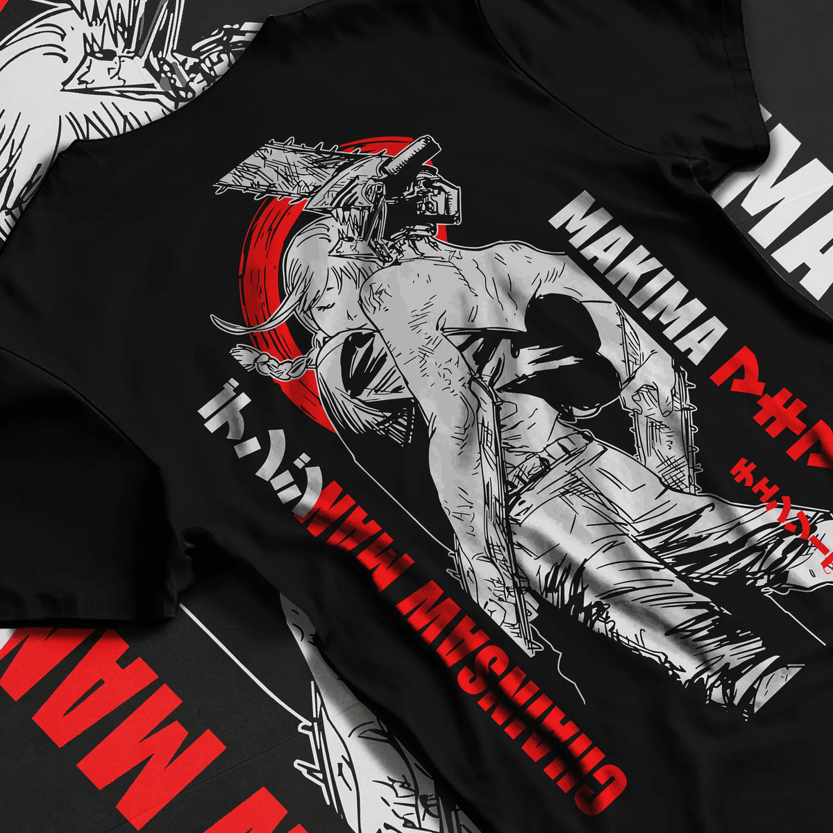 Black T-shirt flat back view showing Chainsaw Devil / Denji from Chainsaw Man: monochrome Makima reference poster
