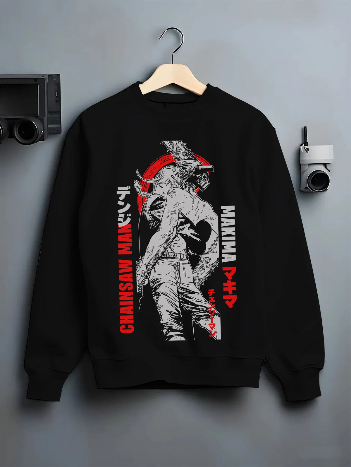 Black crewneck sweatshirt on hanger showing Chainsaw Devil / Denji from Chainsaw Man: monochrome Makima reference poster