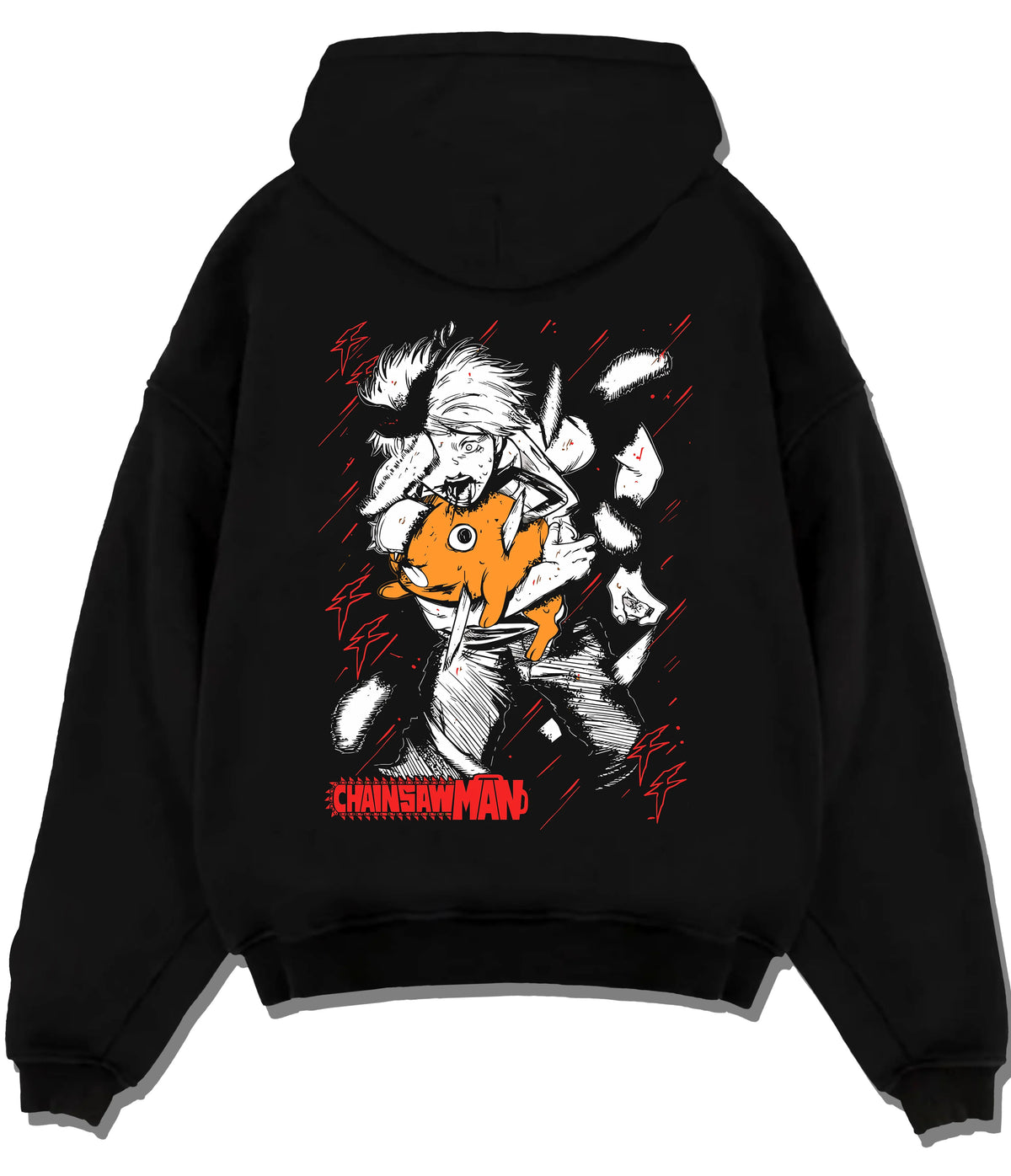 Black hoodie flat back view showing Denji and Pochita from Chainsaw Man: manga-style cute chainsaw face