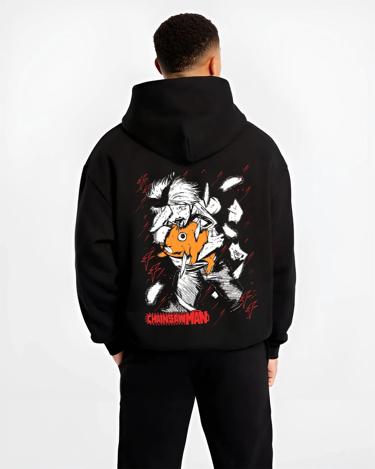 Black hoodie model back view showing Denji and Pochita from Chainsaw Man: manga-style cute chainsaw face