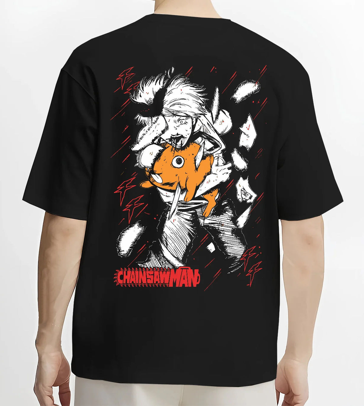 Black T-shirt model back view showing Denji and Pochita from Chainsaw Man: manga-style cute chainsaw face