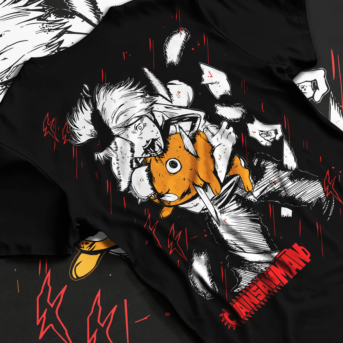 Black T-shirt flat back view showing Denji and Pochita from Chainsaw Man: manga-style cute chainsaw face