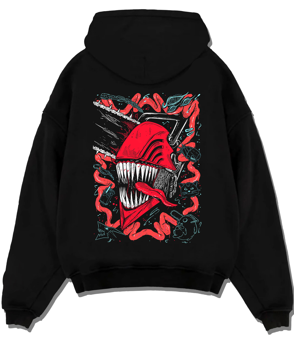 Black hoodie flat back view showing Chainsaw Devil / Denji from Chainsaw Man: pink-red toothed chainsaw head