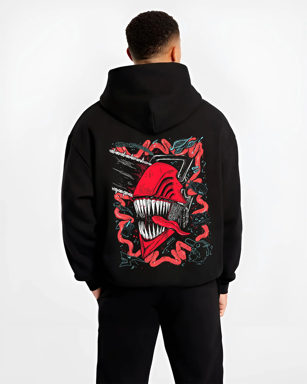 Black hoodie model back view showing Chainsaw Devil / Denji from Chainsaw Man: pink-red toothed chainsaw head