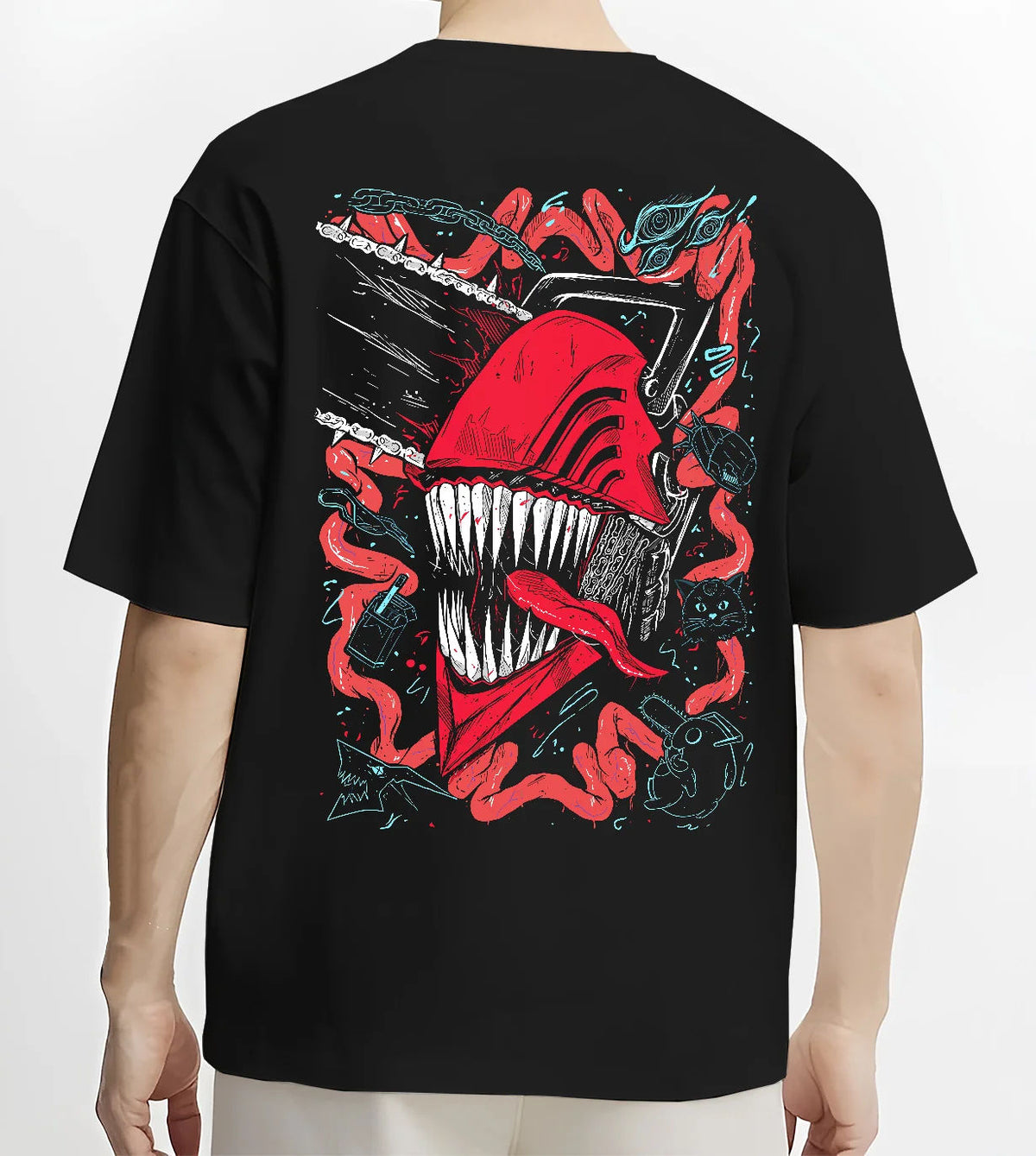 Black T-shirt model back view showing Chainsaw Devil / Denji from Chainsaw Man: pink-red toothed chainsaw head