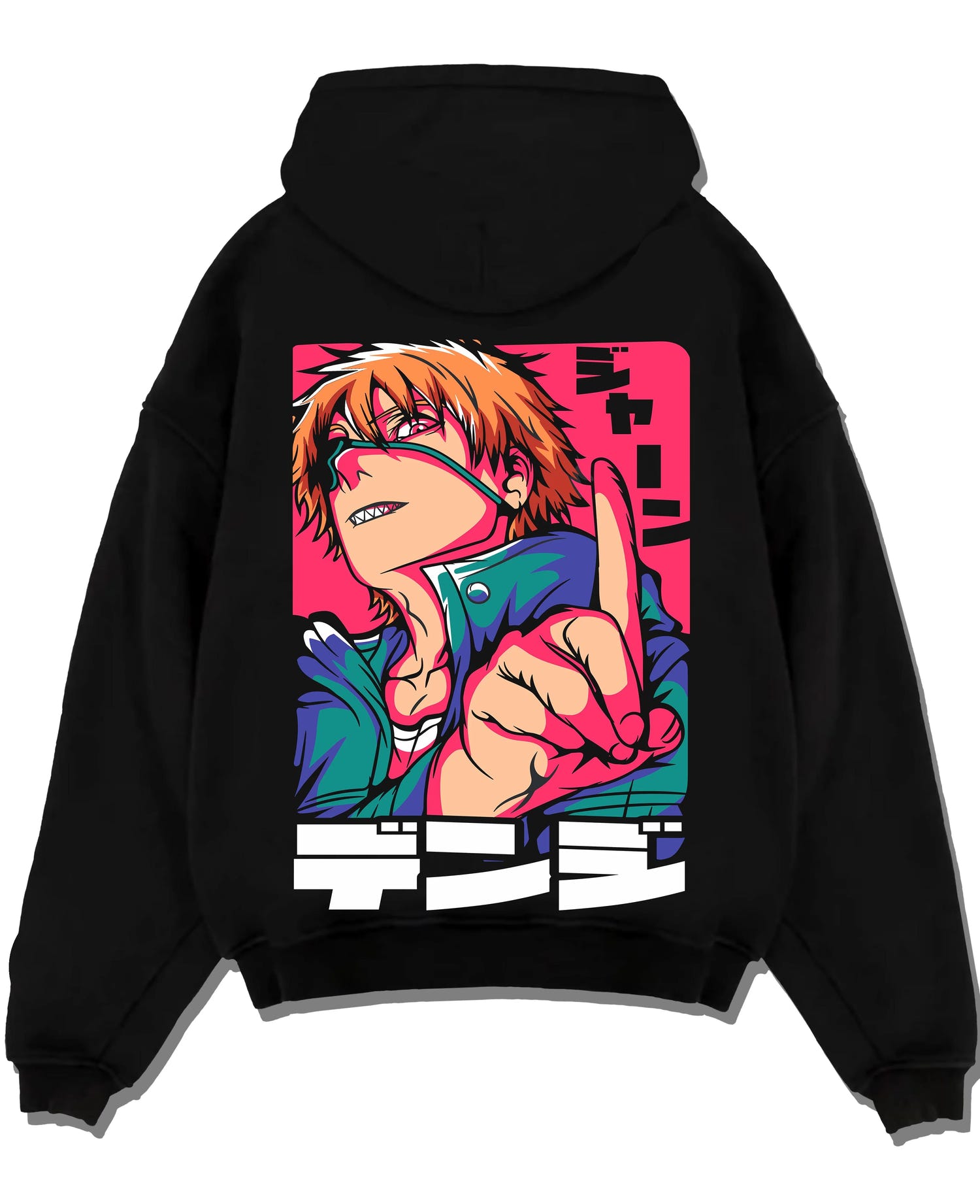 Black pullover hoodie laid flat featuring Denji Chainsaw Man chainsaw power anime poster inspired design.