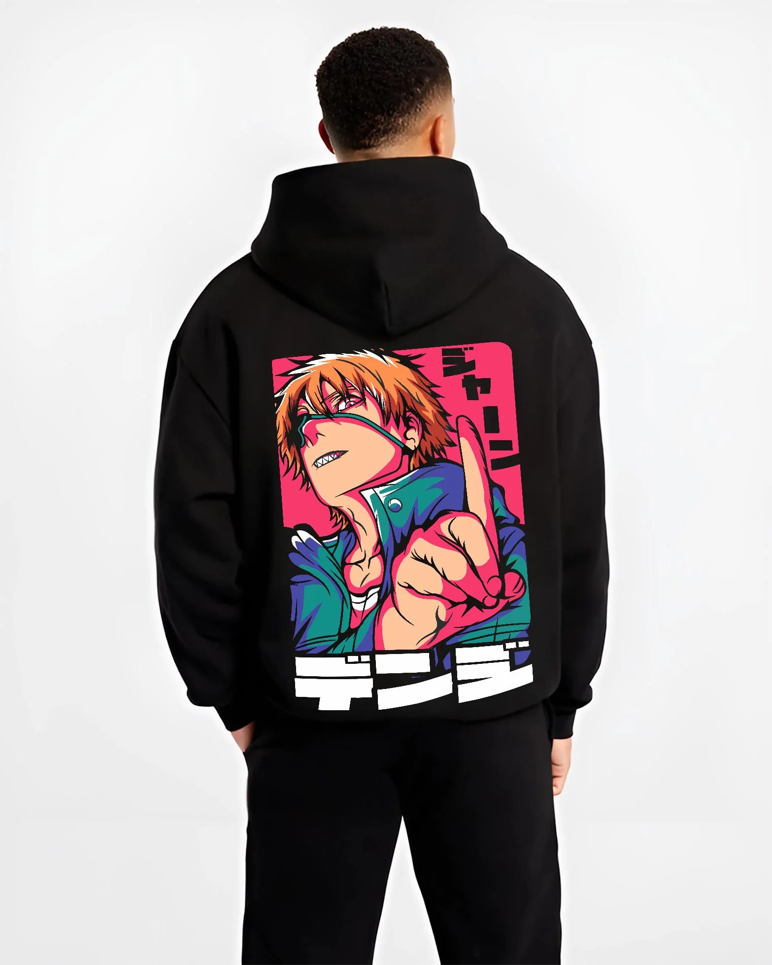 Black hoodie worn by male model with Denji Chainsaw Man devil hunter shonen battle character artwork.