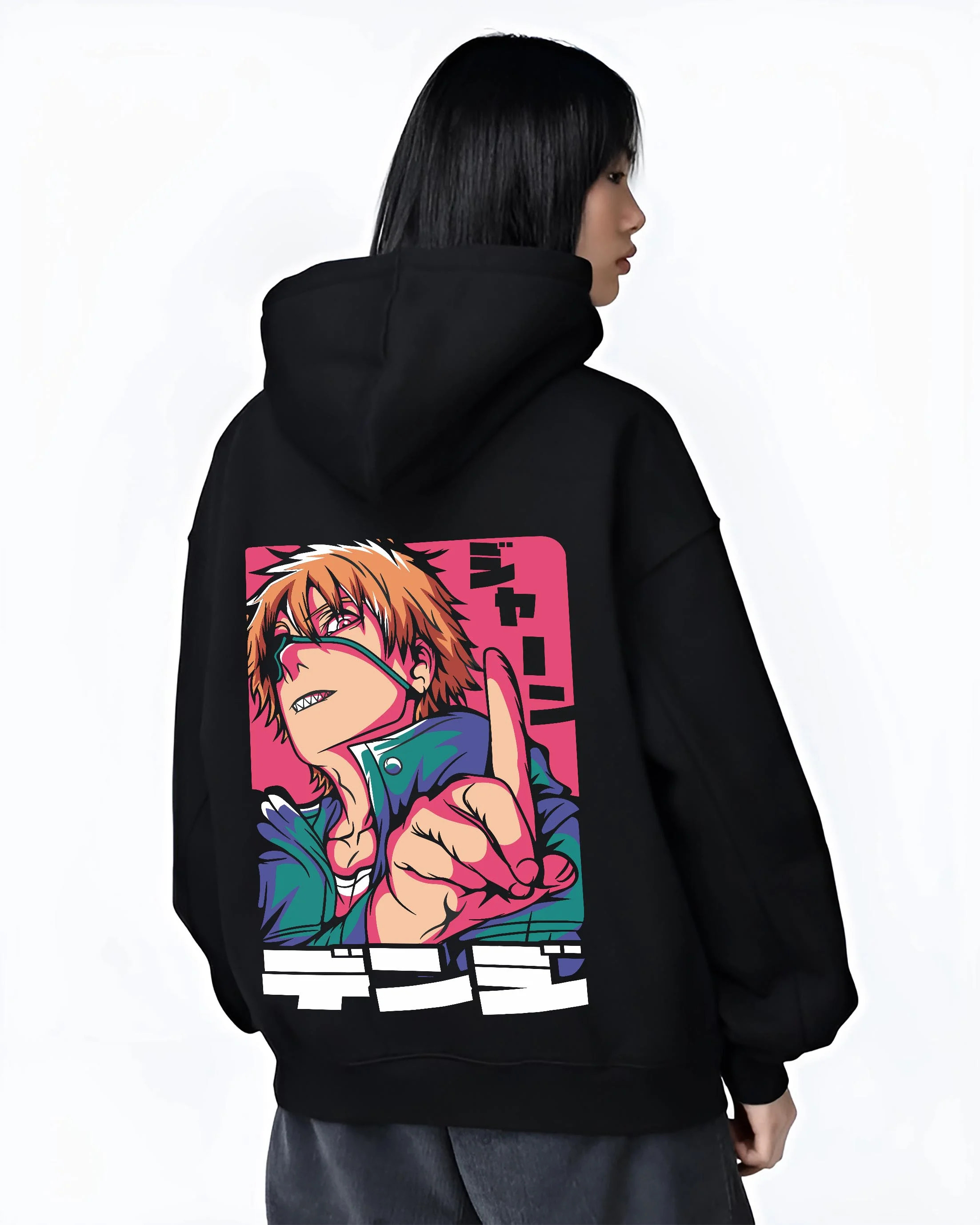 Black hoodie worn by female model featuring Denji Chainsaw Man chainsaw devil form, Japanese animation streetwear aesthetic.