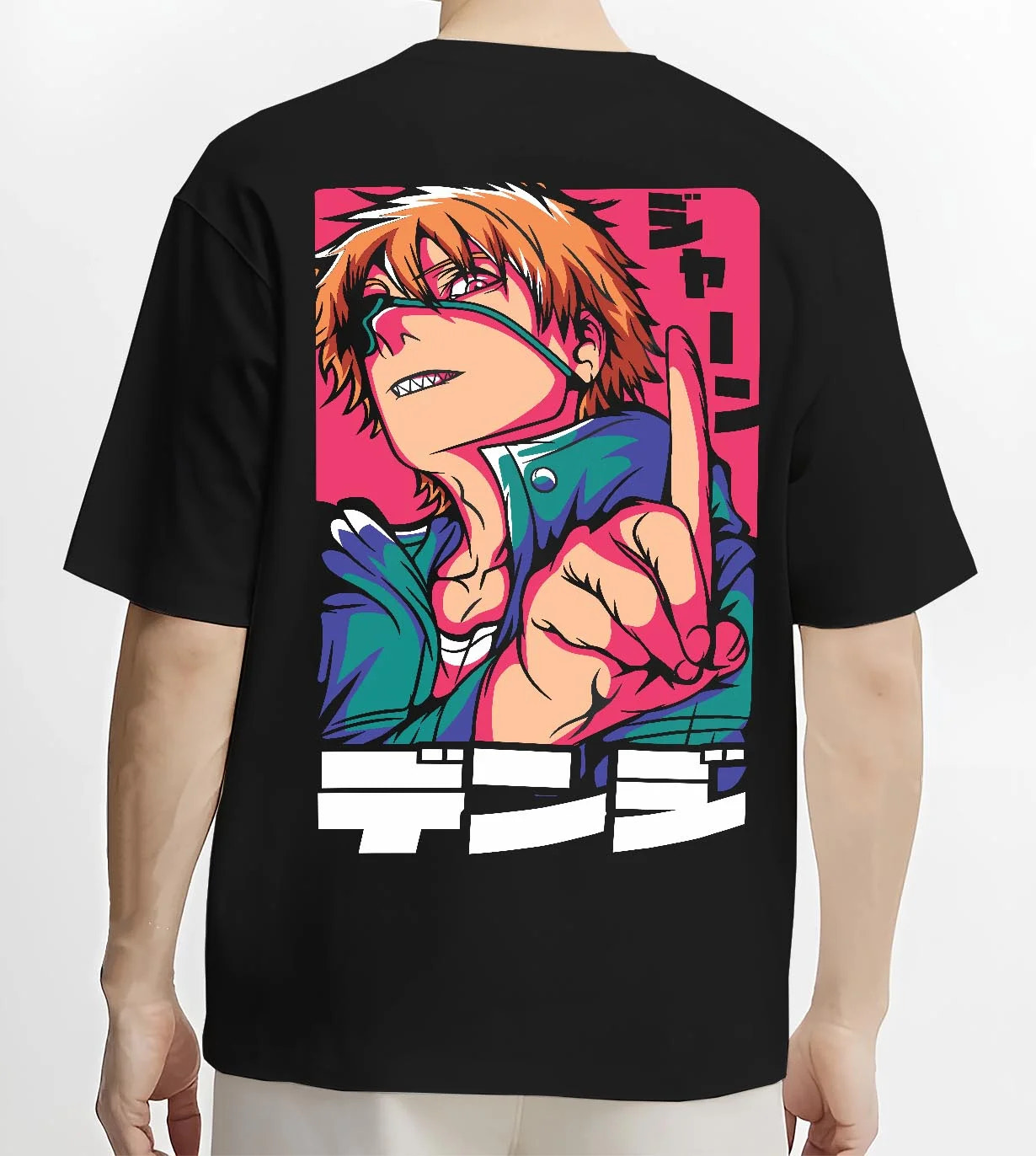 Black T-shirt worn by male model showing Denji Chainsaw Man chainsaw transformation design, dark manga panel influence.
