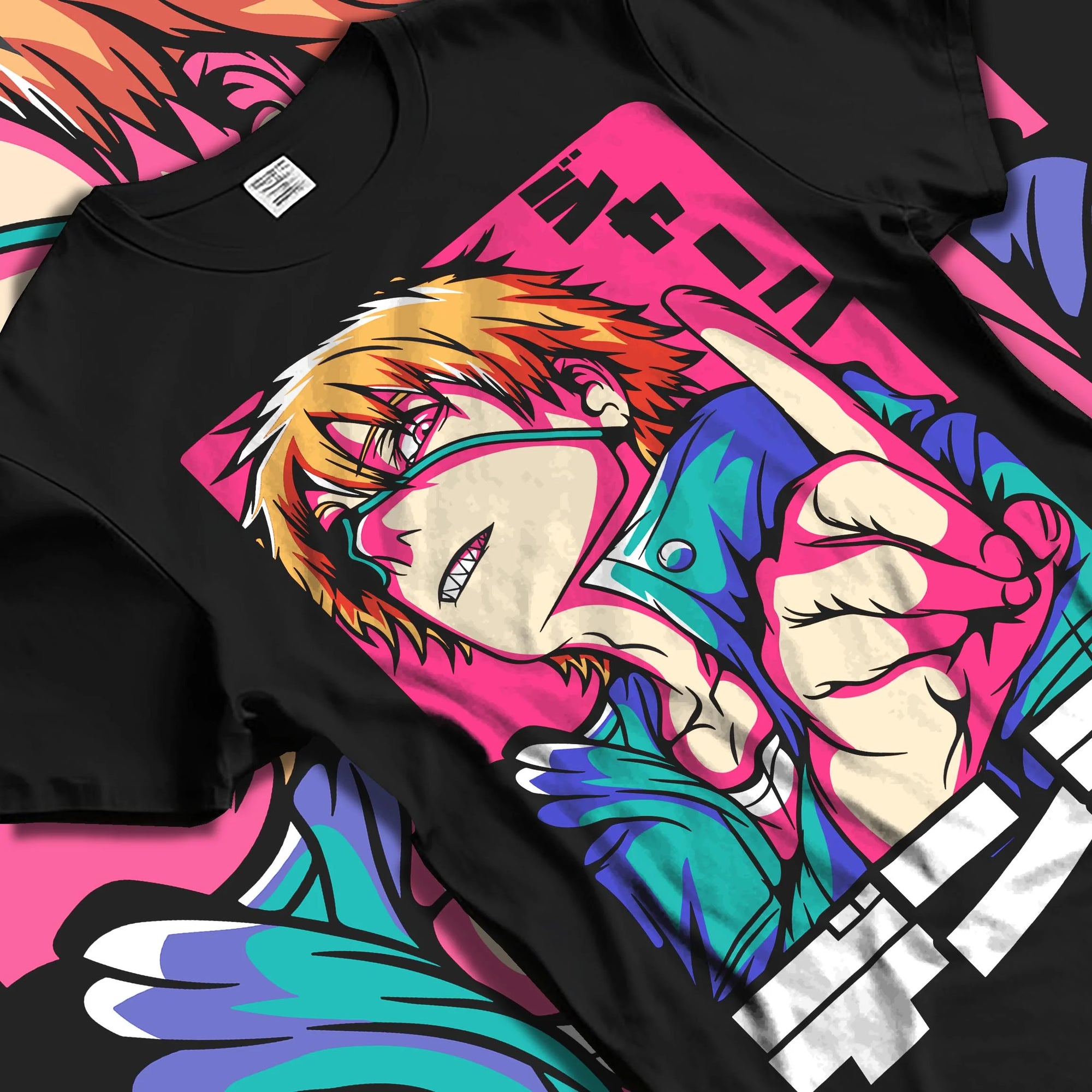 Black T-shirt laid flat with folds showcasing Denji Chainsaw Man cult classic poster inspired chainsaw power art.