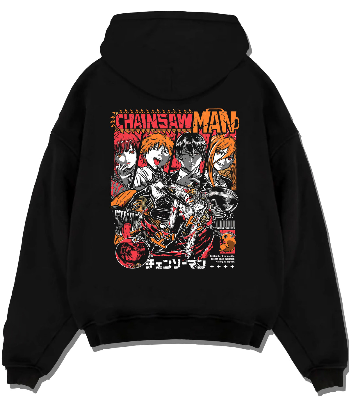 Black hoodie flat back view showing Chainsaw Man cast: Denji, Power, Makima and others