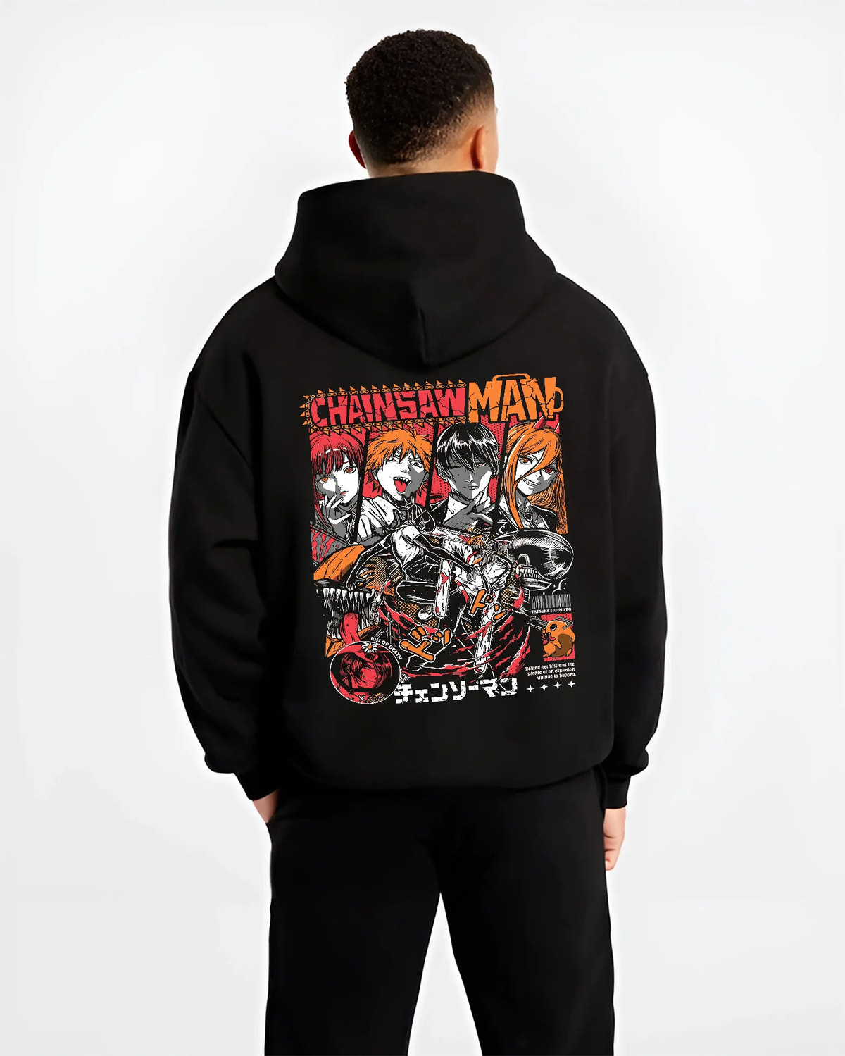Black hoodie model back view showing Chainsaw Man cast: Denji, Power, Makima and others