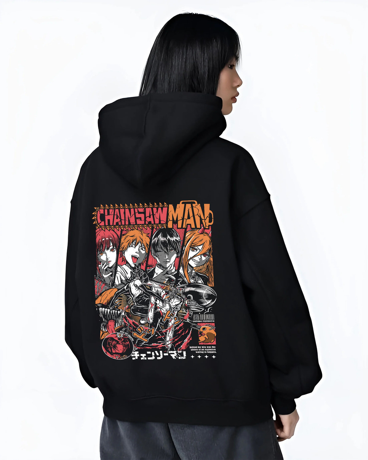 Black hoodie female model back view showing Chainsaw Man cast: Denji, Power, Makima and others