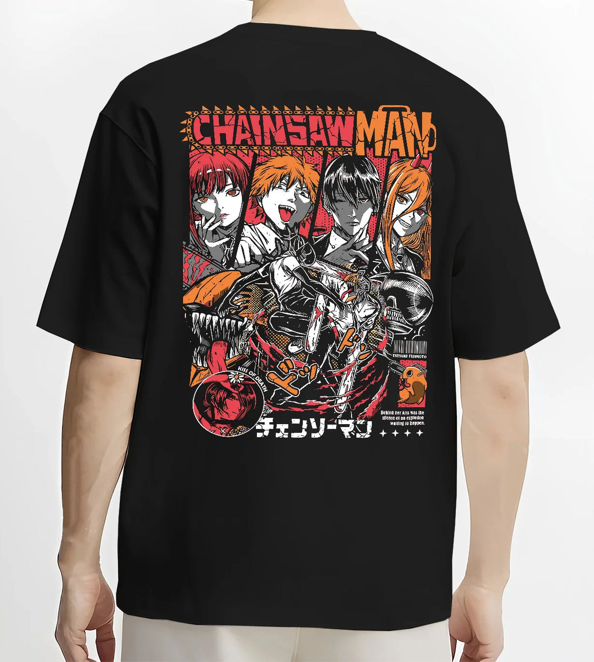 Black T-shirt model back view showing Chainsaw Man cast: Denji, Power, Makima and others