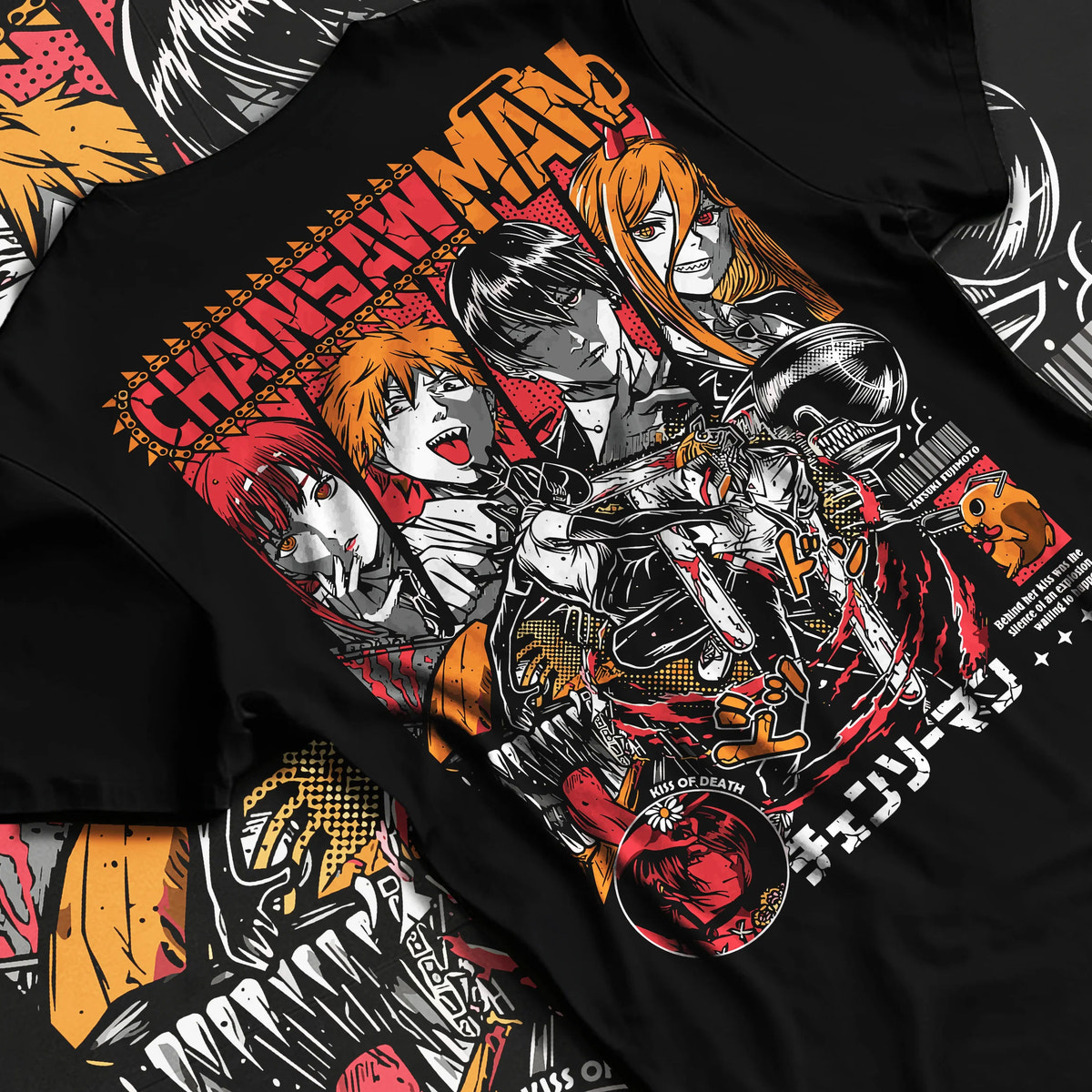 Black T-shirt flat back view showing Chainsaw Man cast: Denji, Power, Makima and others