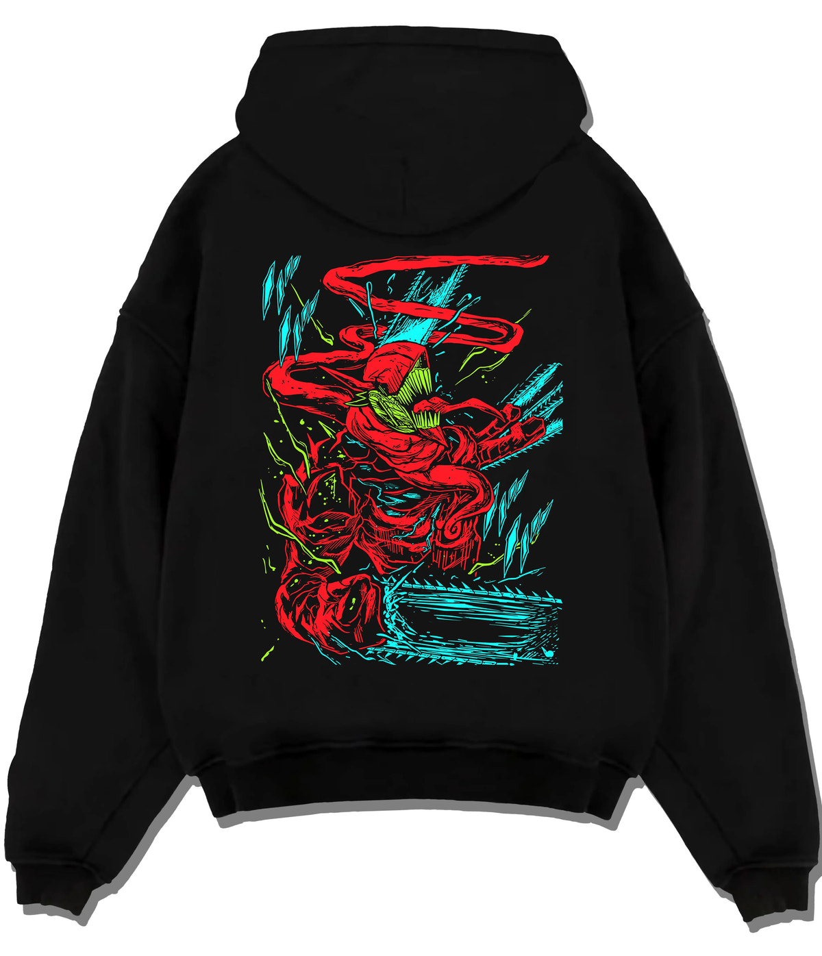 Black hoodie flat back view showing Chainsaw Devil from Chainsaw Man: red/green abstract fighting pose