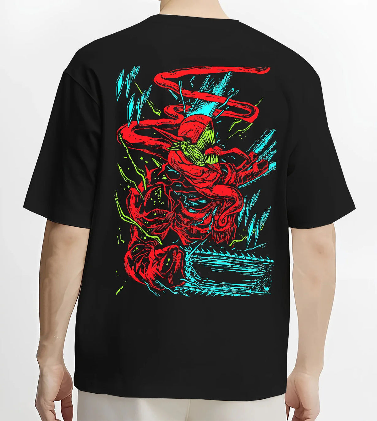 Black T-shirt model back view showing Chainsaw Devil from Chainsaw Man: red/green abstract fighting pose