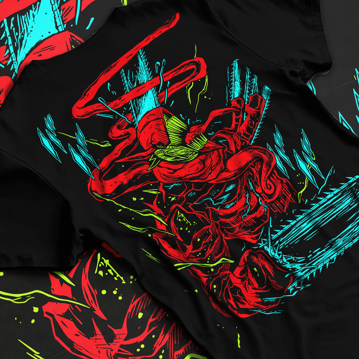 Black T-shirt flat back view showing Chainsaw Devil from Chainsaw Man: red/green abstract fighting pose