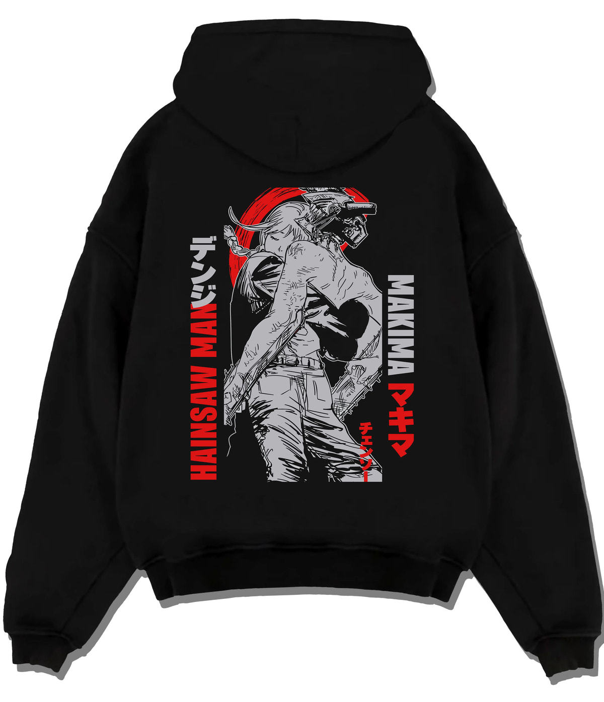 Black hoodie flat back view showing Chainsaw Devil / Denji from Chainsaw Man: monochrome Makima reference poster
