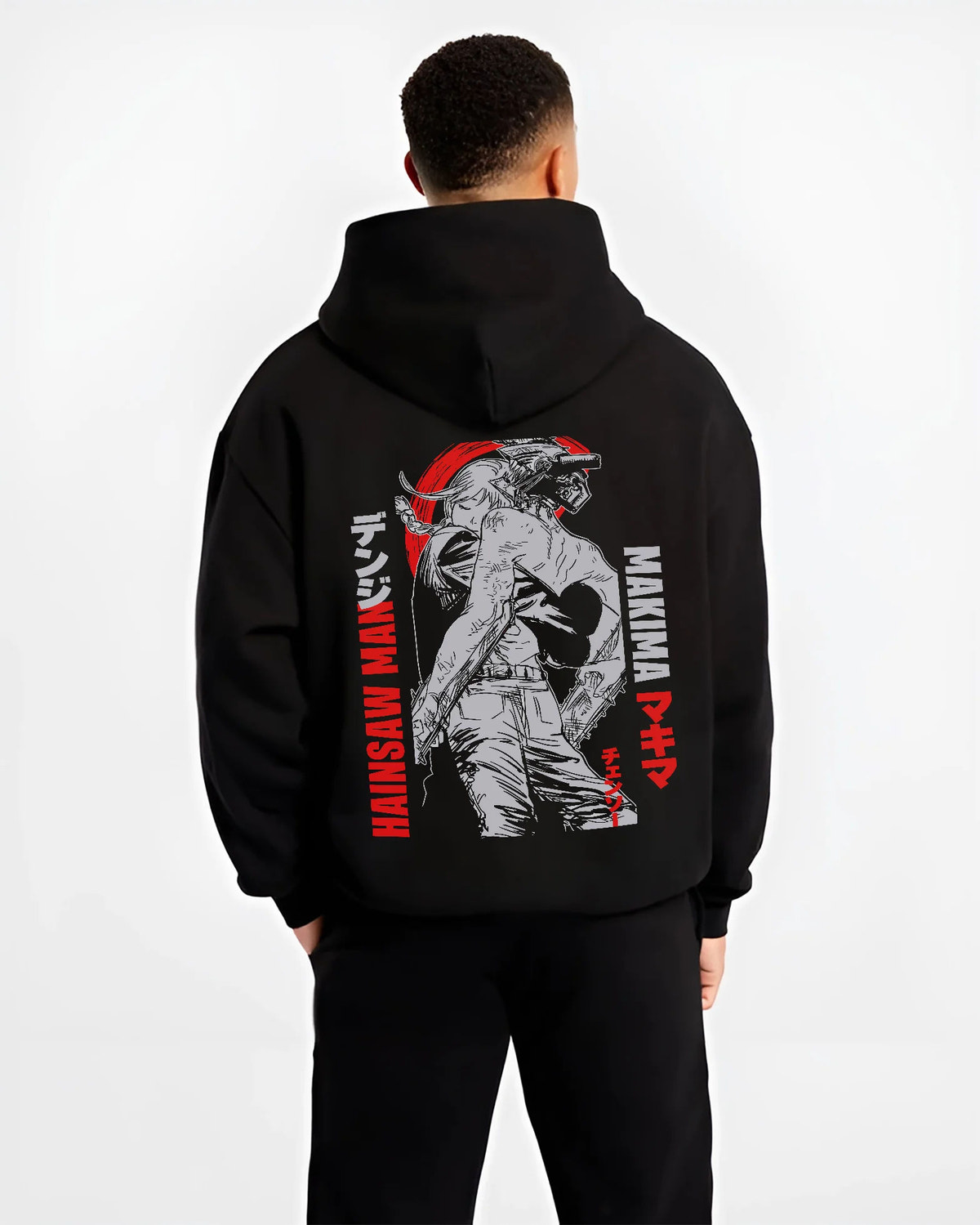 Black hoodie model back view showing Chainsaw Devil / Denji from Chainsaw Man: monochrome Makima reference poster