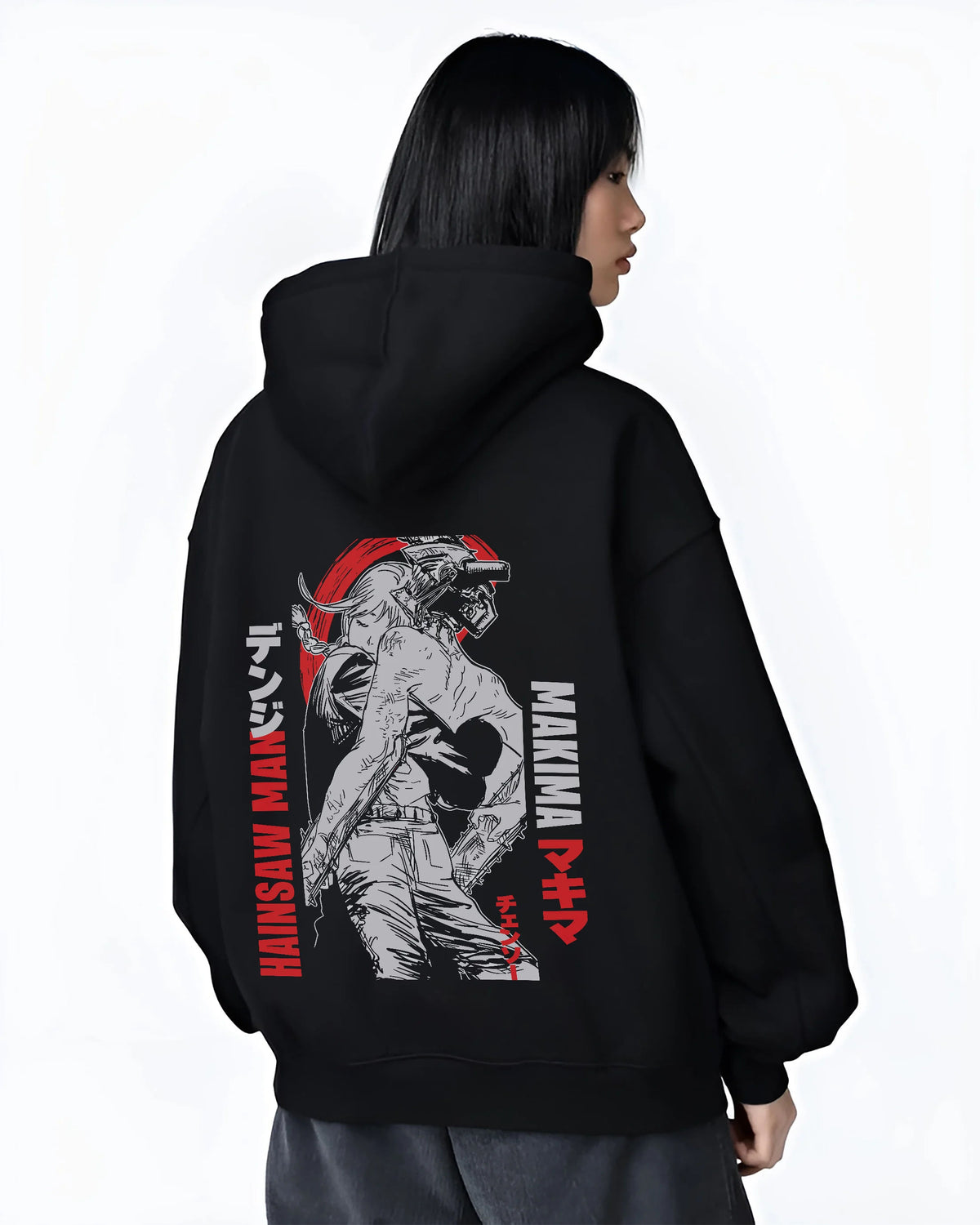 Black hoodie female model back view showing Chainsaw Devil / Denji from Chainsaw Man: monochrome Makima reference poster