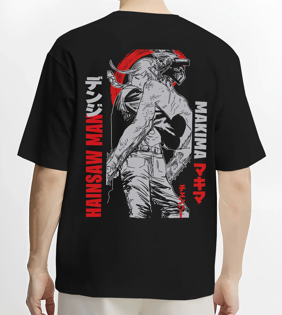 Black T-shirt model back view showing Chainsaw Devil / Denji from Chainsaw Man: monochrome Makima reference poster