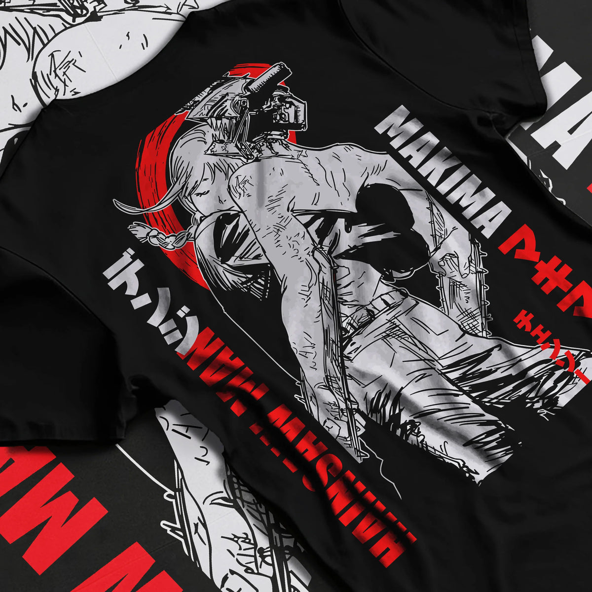 Black T-shirt flat back view showing Chainsaw Devil / Denji from Chainsaw Man: monochrome Makima reference poster