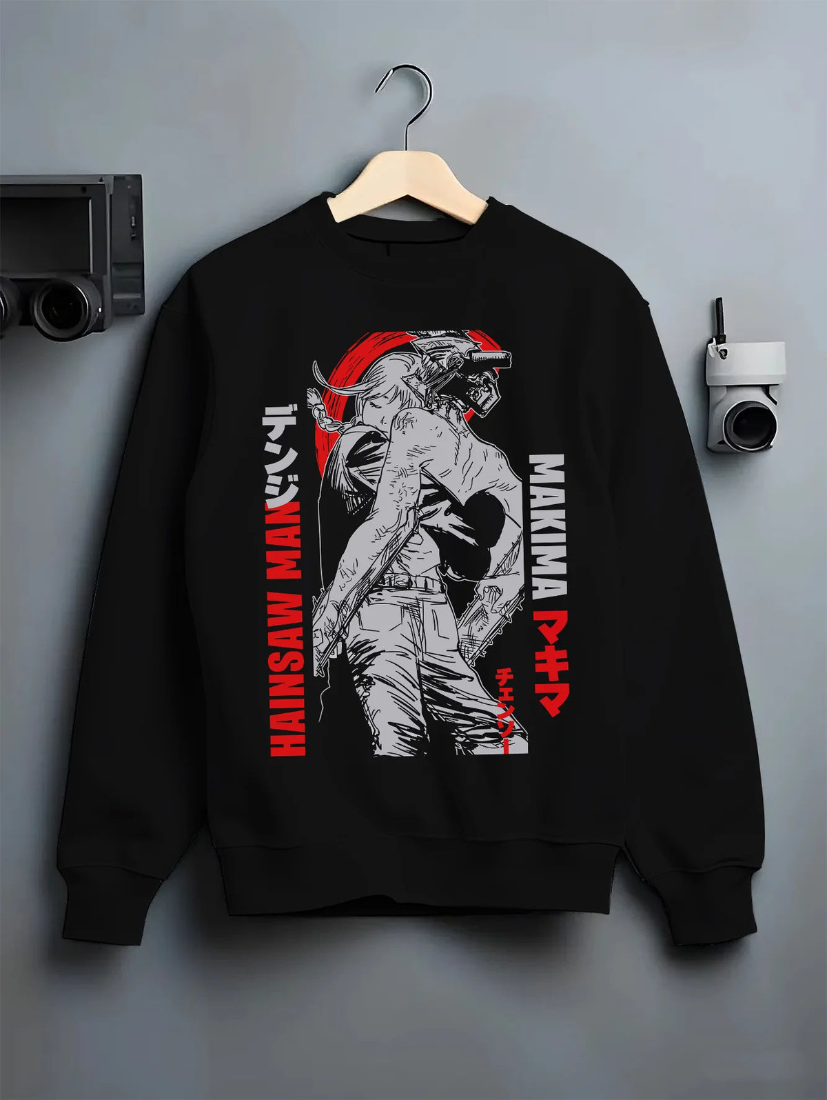 Black crewneck sweatshirt on hanger showing Chainsaw Devil / Denji from Chainsaw Man: monochrome Makima reference poster