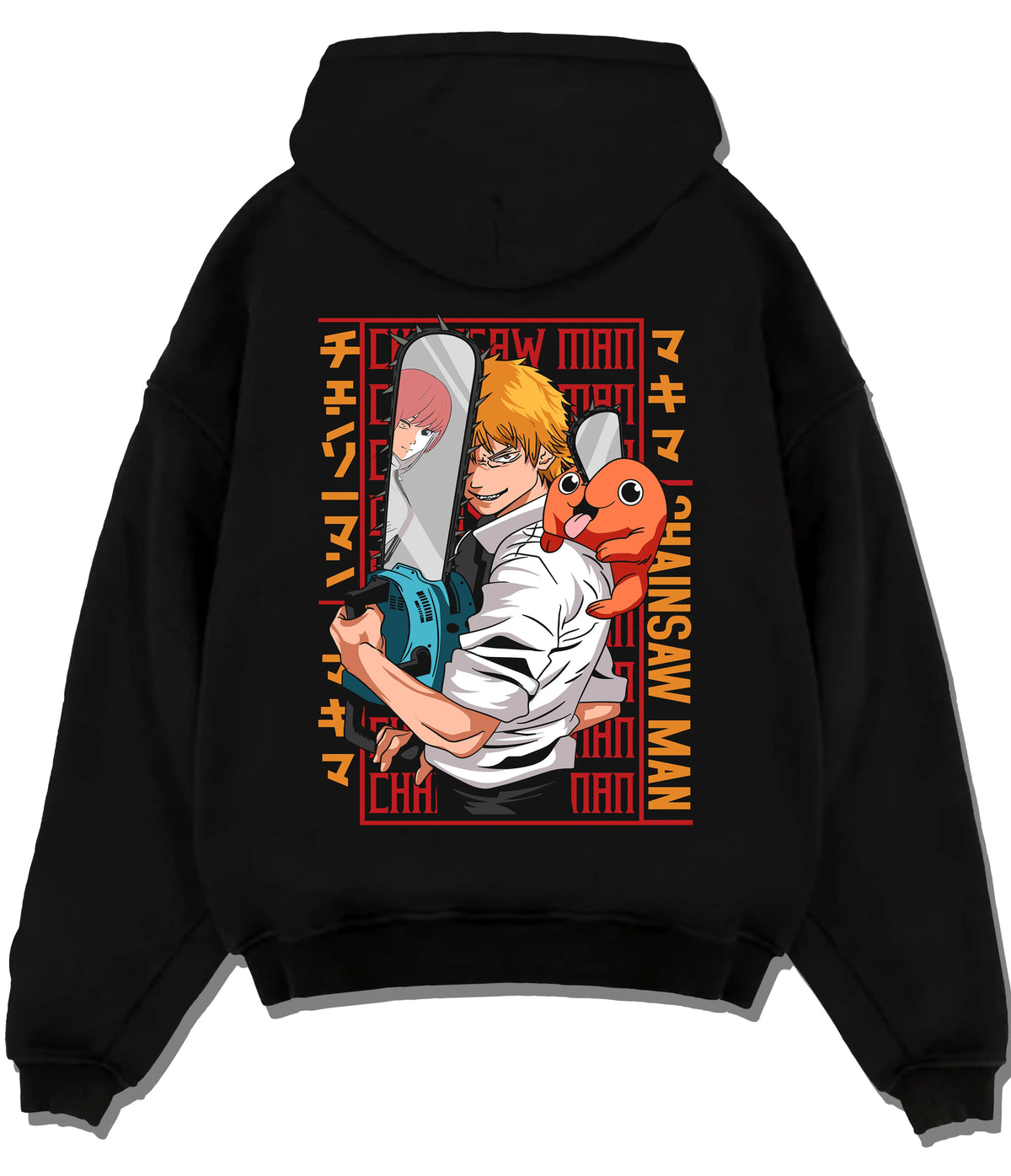 Black hoodie flat back view with Denji with Pochita, chainsaw and Makima-inspired backdrop from Chainsaw Man illustrated