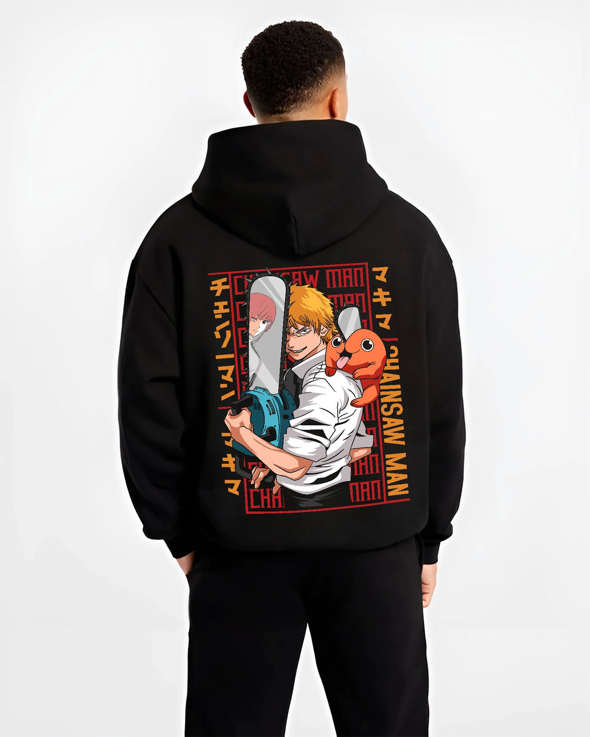 Black hoodie model back view with Denji with Pochita, chainsaw and Makima-inspired backdrop from Chainsaw Man illustrated