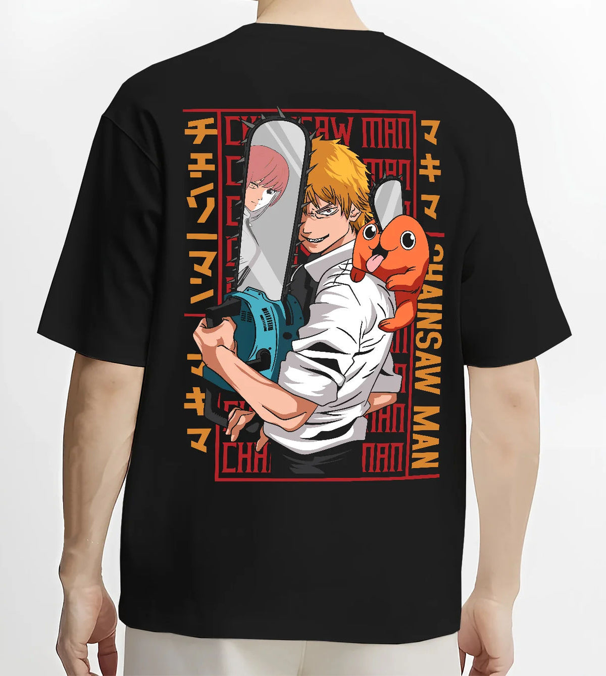 Black T-shirt model back view with Denji with Pochita, chainsaw and Makima-inspired backdrop from Chainsaw Man illustrated