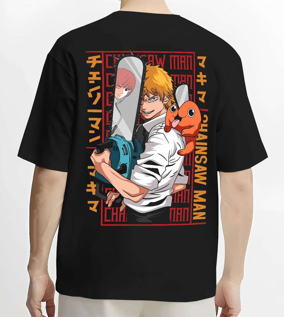 Black T-shirt model back view with Denji with Pochita, chainsaw and Makima-inspired backdrop from Chainsaw Man illustrated