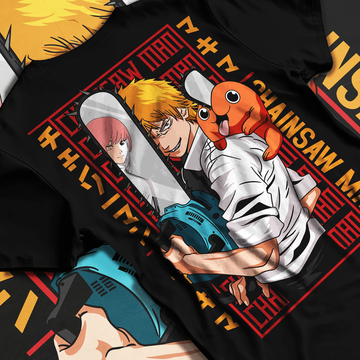 Black T-shirt flat back view with Denji with Pochita, chainsaw and Makima-inspired backdrop from Chainsaw Man illustrated