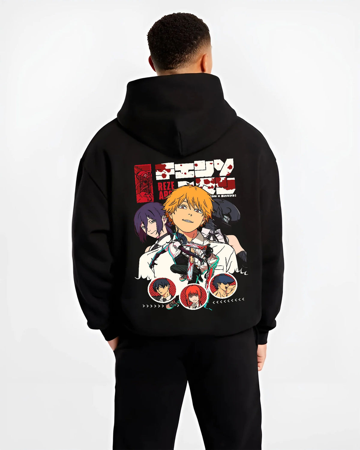 Black hoodie model back view with Chainsaw Man ensemble including Denji, Makima and Aki illustrated back graphic