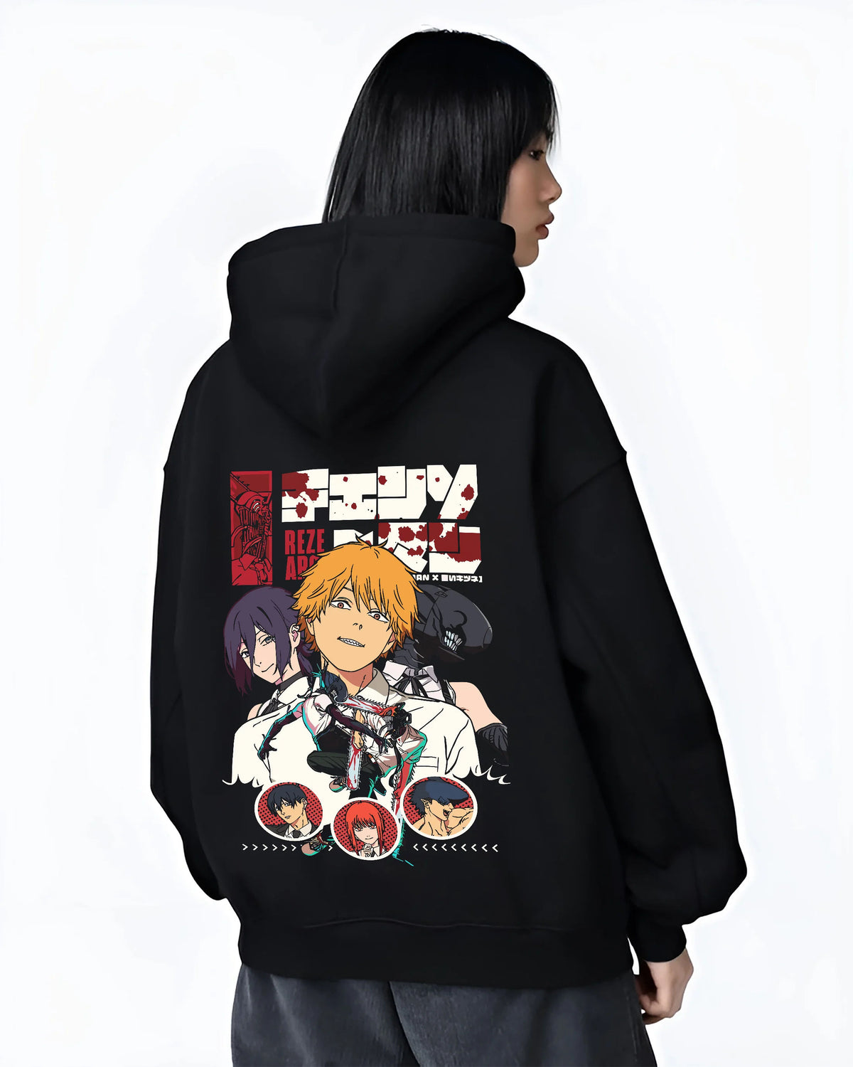 Black hoodie female model back view with Chainsaw Man ensemble including Denji, Makima and Aki illustrated back graphic
