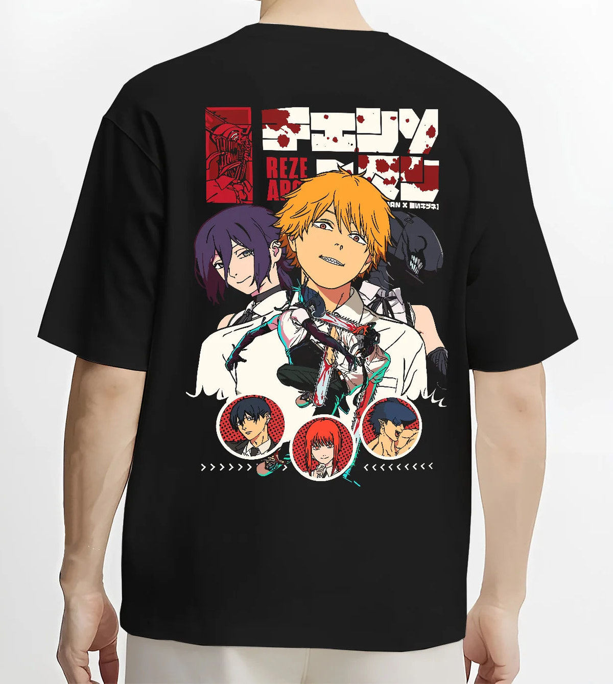 Black T-shirt model back view with Chainsaw Man ensemble including Denji, Makima and Aki illustrated back graphic