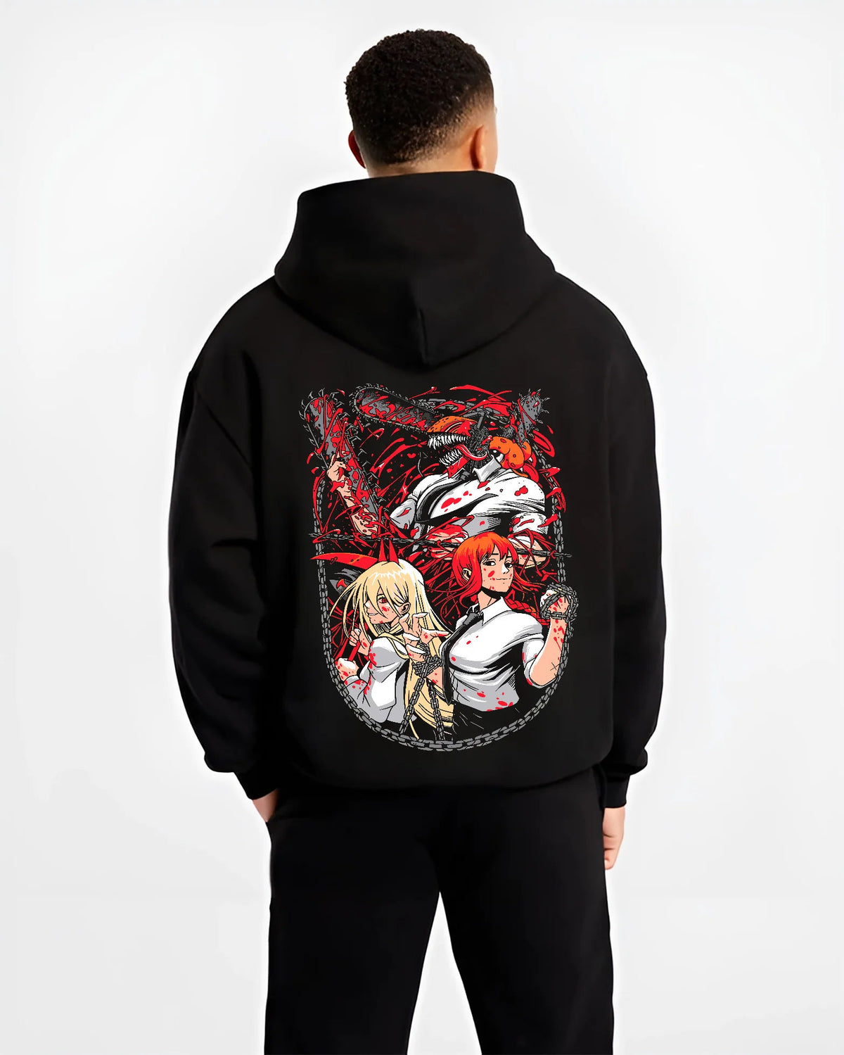 Black hoodie model back view showing Denji and Power from Chainsaw Man: Chainsaw Devil ensemble, circular composition