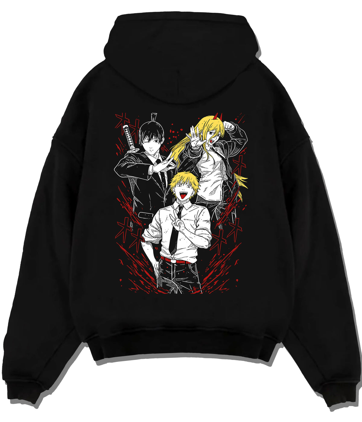 Black hoodie flat back view showing Denji with Power and Aki from Chainsaw Man: manga collage