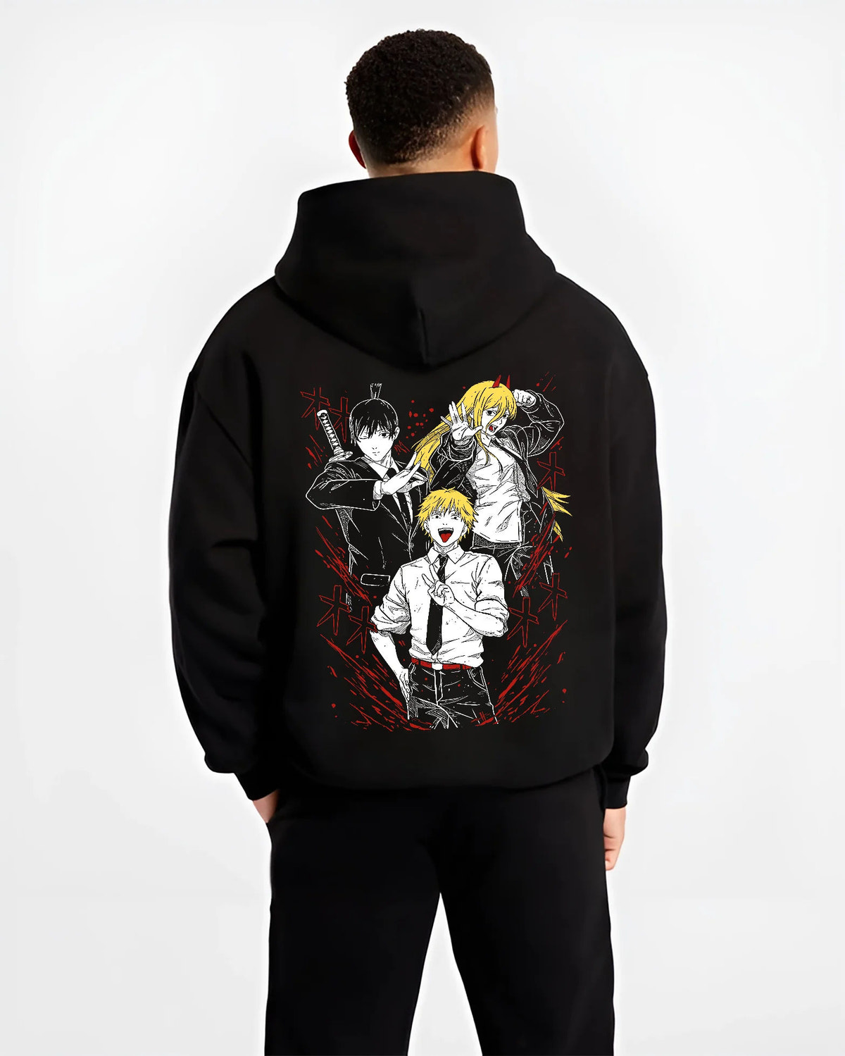 Black hoodie model back view showing Denji with Power and Aki from Chainsaw Man: manga collage