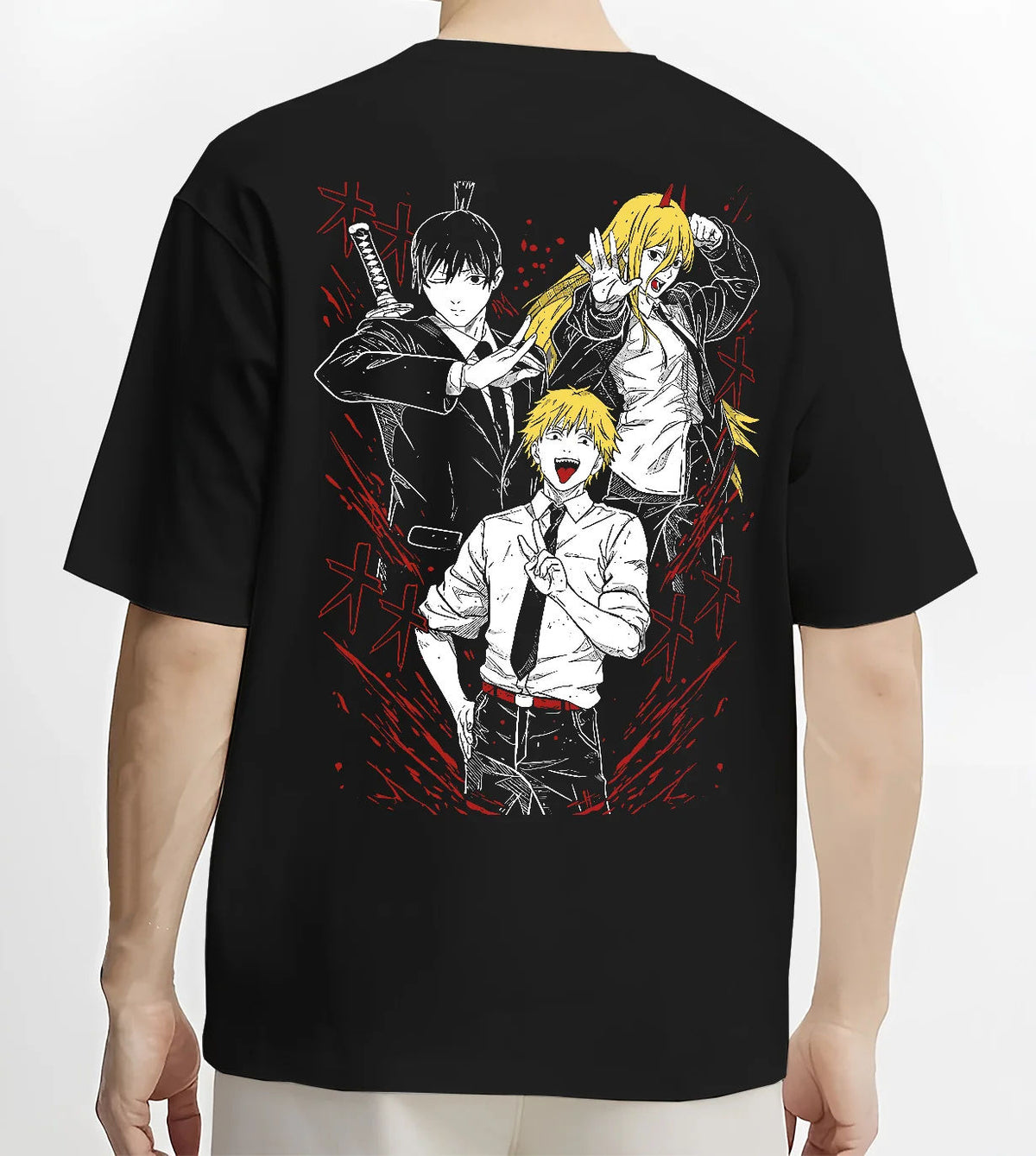 Black T-shirt model back view showing Denji with Power and Aki from Chainsaw Man: manga collage