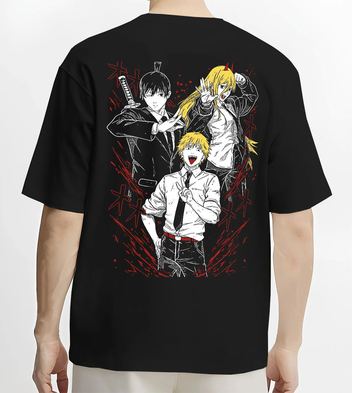 Black T-shirt model back view showing Denji with Power and Aki from Chainsaw Man: manga collage