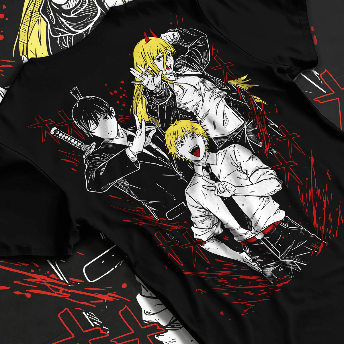 Black T-shirt flat back view showing Denji with Power and Aki from Chainsaw Man: manga collage