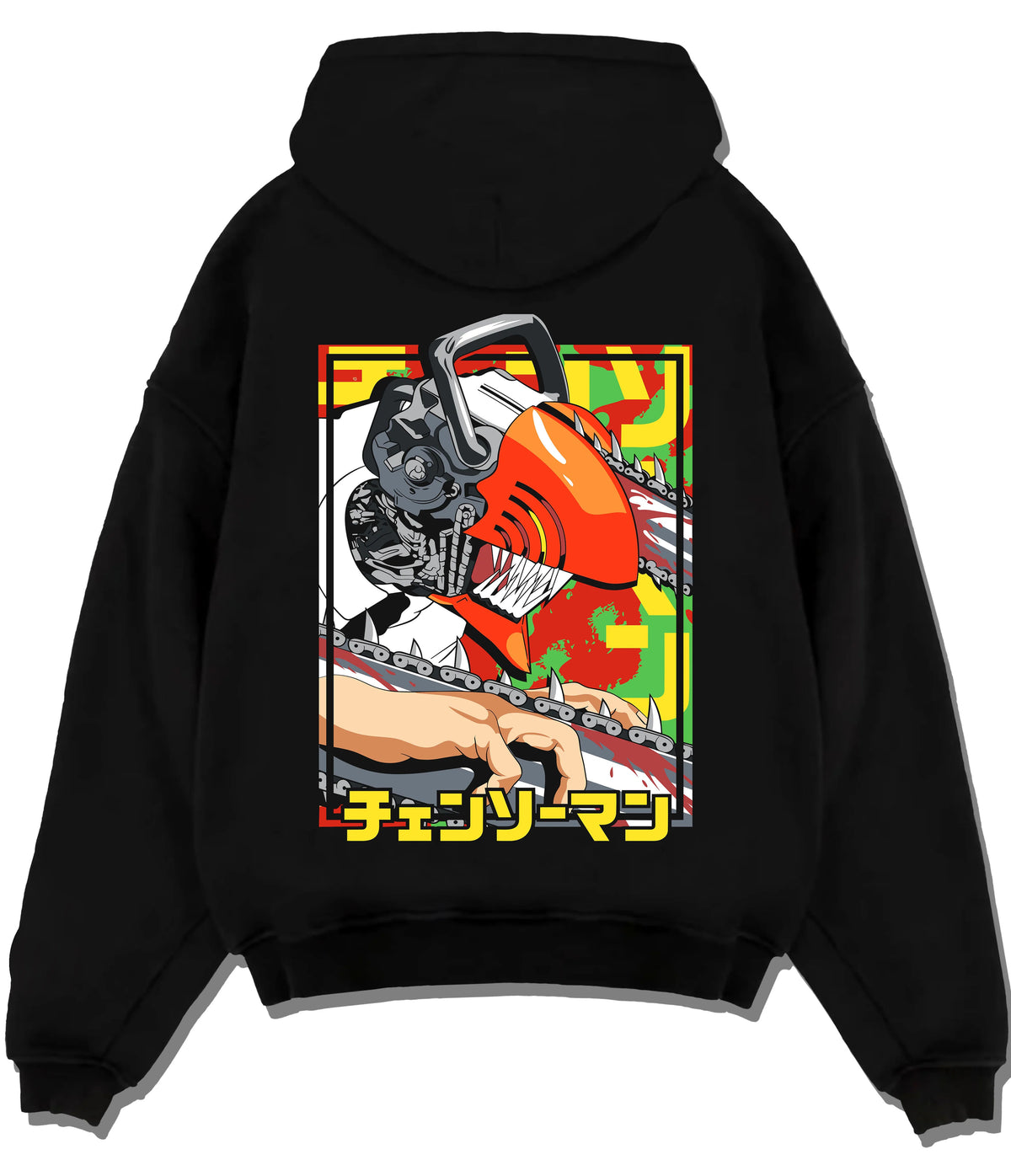 Black hoodie flat back view showing Chainsaw Devil / Denji from Chainsaw Man: orange mechanical saw-head pose