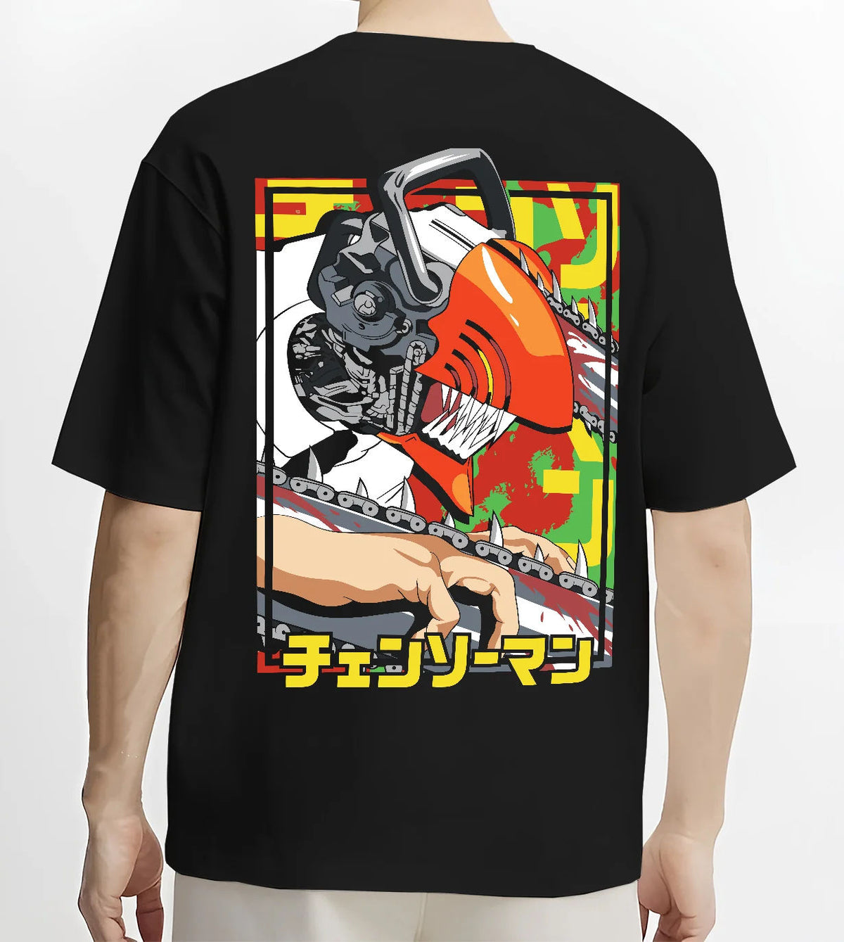 Black T-shirt model back view showing Chainsaw Devil / Denji from Chainsaw Man: orange mechanical saw-head pose