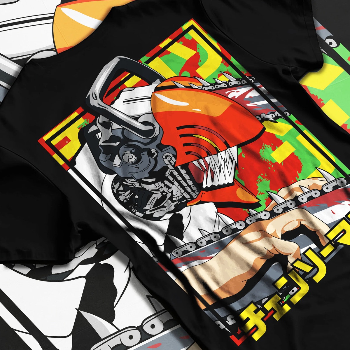 Black T-shirt flat back view showing Chainsaw Devil / Denji from Chainsaw Man: orange mechanical saw-head pose