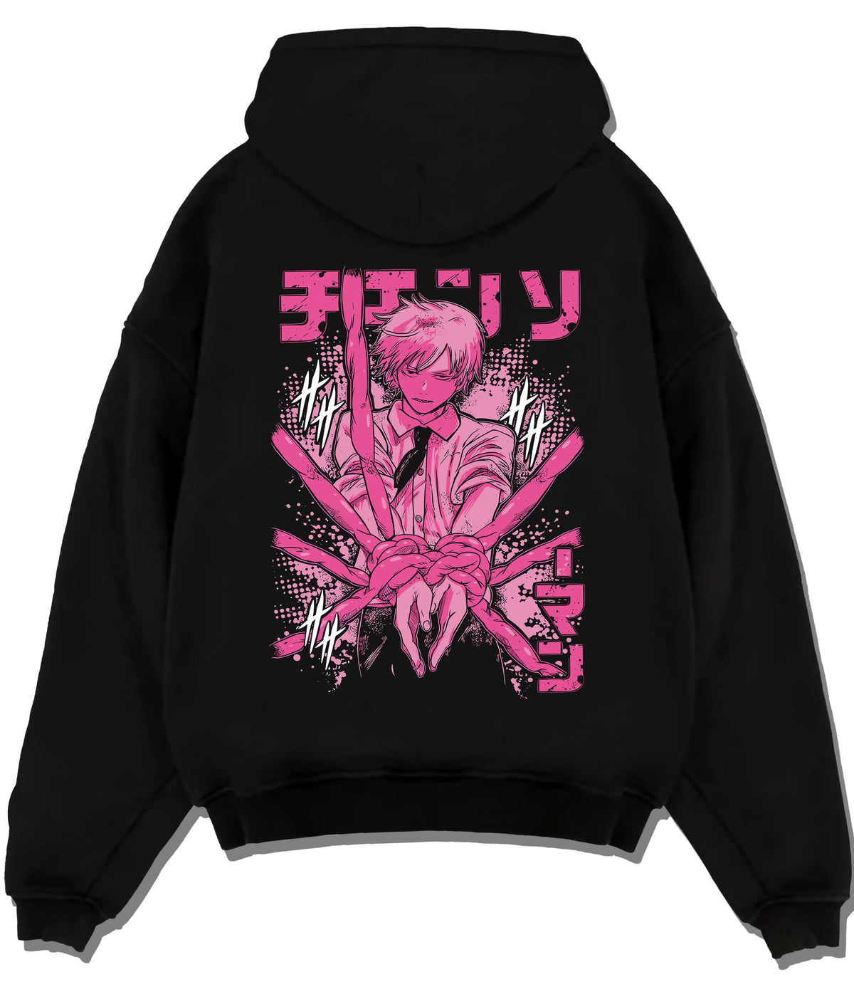Black hoodie flat back view showing Denji / Chainsaw Man character: pink manga-style portrait