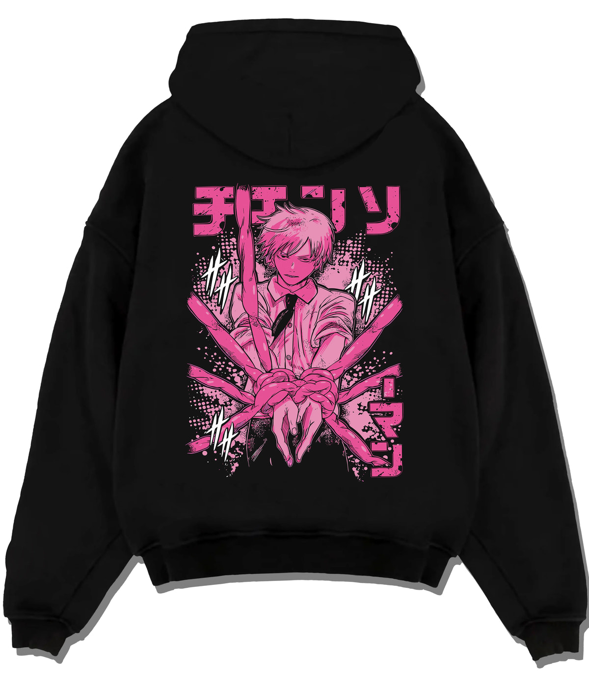 Black hoodie flat back view showing Denji / Chainsaw Man character: pink manga-style portrait