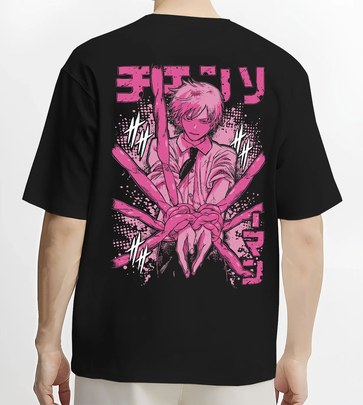 Black T-shirt model back view showing Denji / Chainsaw Man character: pink manga-style portrait